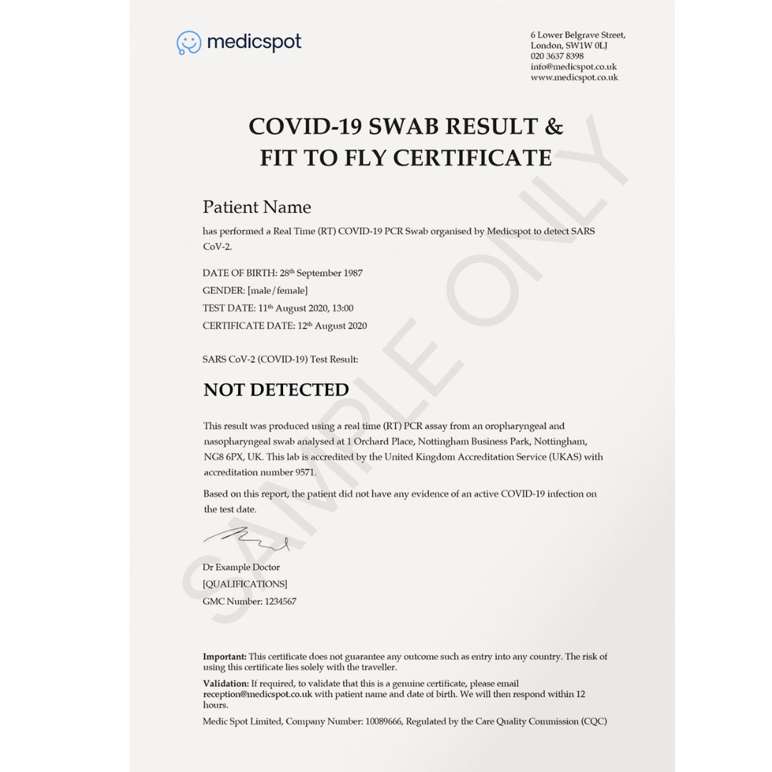 covid-19 fit to fly certificate issued by Medicspot